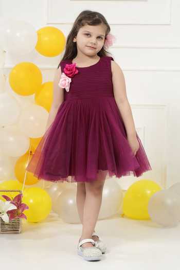 Shop_Little Bansi_Wine Net Pleated Work Frock Dress _Online_at_Aza_Fashions