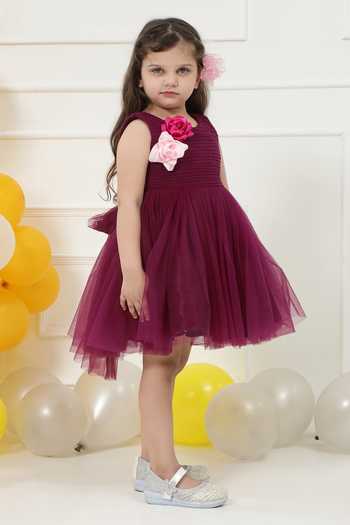 Little Bansi_Wine Net Pleated Work Frock Dress _at_Aza_Fashions