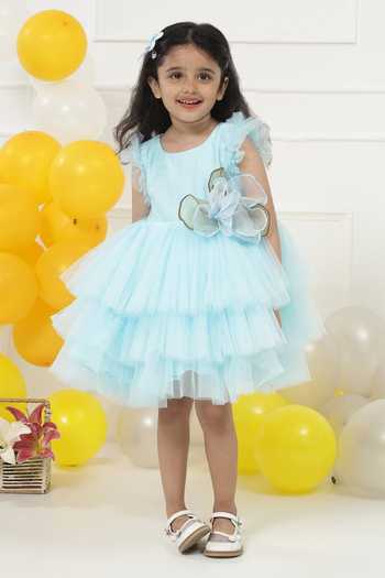 Little Bansi_Blue Net Multi Layered Frock Dress _at_Aza_Fashions