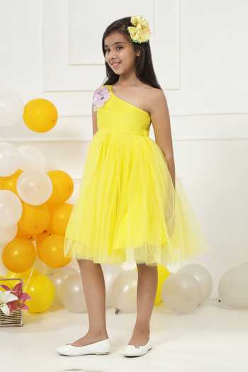 Little Bansi_Yellow Net Handmade Flower Frock Dress _Online_at_Aza_Fashions