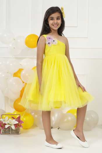 Buy_Little Bansi_Yellow Net Handmade Flower Frock Dress _Online_at_Aza_Fashions