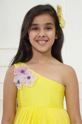 Little Bansi_Yellow Net Handmade Flower Frock Dress _at_Aza_Fashions