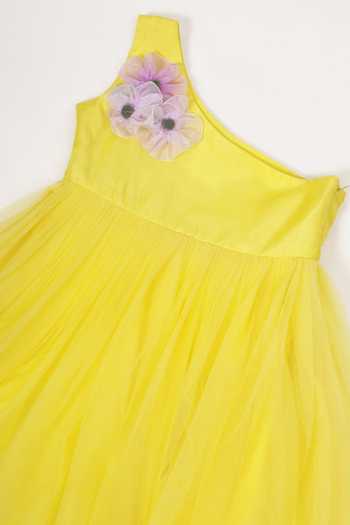 Buy_Little Bansi_Yellow Net Handmade Flower Frock Dress 
