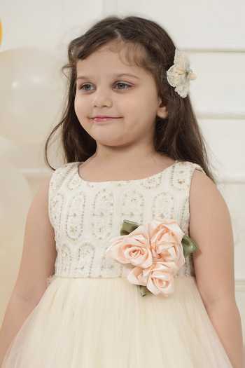 Little Bansi_Cream Net Floral Embroidered Frock Dress _at_Aza_Fashions