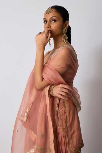 Rhua_Pink Chanderi, Tissue, Silk, Organza Scoop Maahi Embroidered Kurta Sharara Set _Online_at_Aza_Fashions