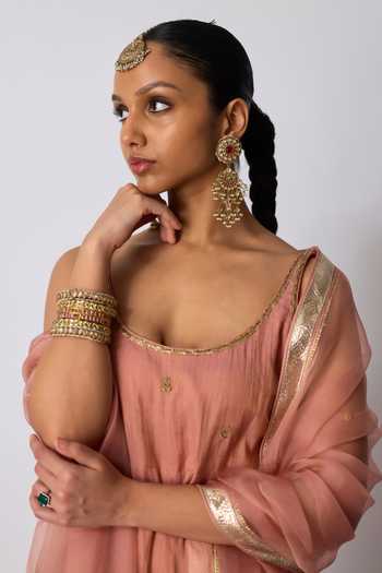 Shop_Rhua_Pink Chanderi, Tissue, Silk, Organza Scoop Maahi Embroidered Kurta Sharara Set _Online_at_Aza_Fashions