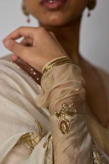 Rhua_Gold Silk, Tissue, Chanderi V-neck Tulsi Gota Bordered Anarkali Set _Online_at_Aza_Fashions