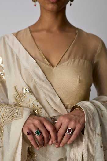 Buy_Rhua_Gold Silk, Tissue, Chanderi V-neck Tulsi Gota Bordered Anarkali Set _Online_at_Aza_Fashions