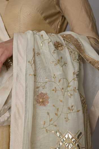 Rhua_Gold Silk, Tissue, Chanderi V-neck Tulsi Gota Bordered Anarkali Set _at_Aza_Fashions