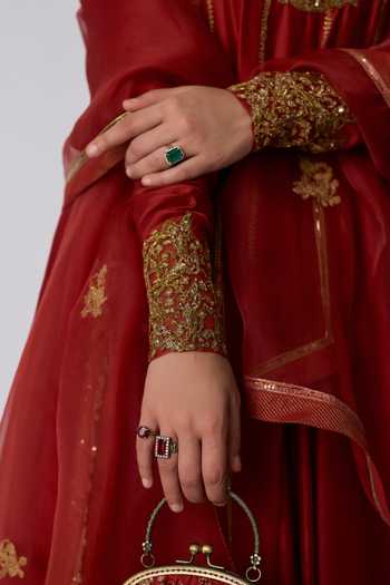 Rhua_Red Chanderi Silk, Organza, Silk, Cotton Round Madhvi Embroidered Anarkali Set _Online_at_Aza_Fashions