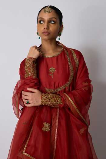 Buy_Rhua_Red Chanderi Silk, Organza, Silk, Cotton Round Madhvi Embroidered Anarkali Set _Online_at_Aza_Fashions