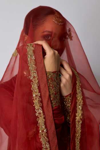 Rhua_Red Chanderi Silk, Organza, Silk, Cotton Round Madhvi Embroidered Anarkali Set _at_Aza_Fashions