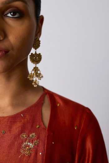 Rhua_Red Chanderi , , Cotton, Organza Round Rasika Embroidered Kurta Set _Online_at_Aza_Fashions