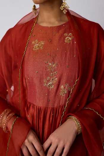 Shop_Rhua_Red Chanderi , , Cotton, Organza Round Rasika Embroidered Kurta Set _Online_at_Aza_Fashions