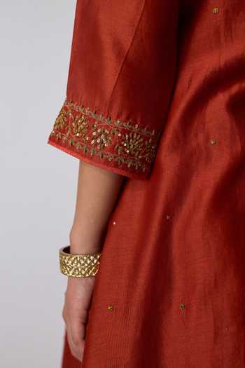 Rhua_Red Chanderi , , Cotton, Organza Round Rasika Embroidered Kurta Set _at_Aza_Fashions