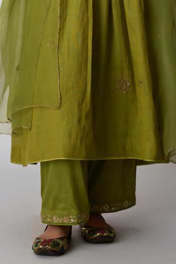 Rhua_Green Chanderi, Tissue, Silk, Cotton, Mohini Zardozi Embroidered Kurta Set _Online_at_Aza_Fashions
