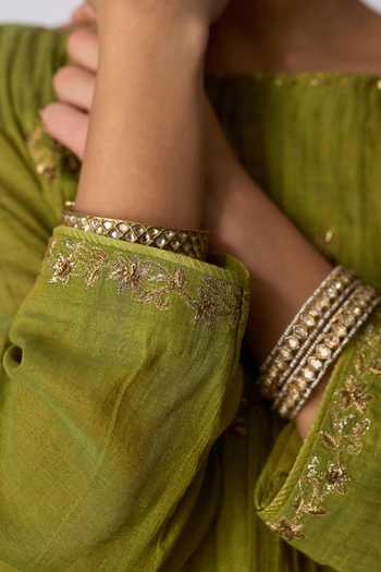 Buy_Rhua_Green Chanderi, Tissue, Silk, Cotton, Mohini Zardozi Embroidered Kurta Set _Online_at_Aza_Fashions