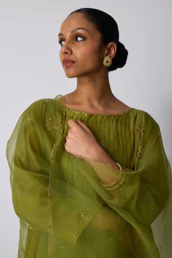 Shop_Rhua_Green Chanderi, Tissue, Silk, Cotton, Mohini Zardozi Embroidered Kurta Set _Online_at_Aza_Fashions