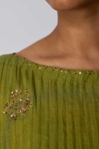 Rhua_Green Chanderi, Tissue, Silk, Cotton, Mohini Zardozi Embroidered Kurta Set _at_Aza_Fashions