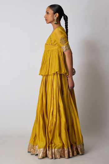 Rhua_Yellow Chanderi Silk, Silk, Organza V-neck Kesari Embroidered Top Lehenga Set _Online_at_Aza_Fashions