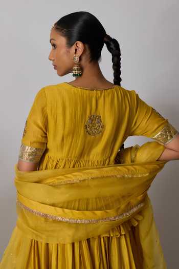 Buy_Rhua_Yellow Chanderi Silk, Silk, Organza V-neck Kesari Embroidered Top Lehenga Set _Online_at_Aza_Fashions