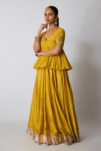 Buy_Rhua_Yellow Chanderi Silk, Silk, Organza V-neck Kesari Embroidered Top Lehenga Set 