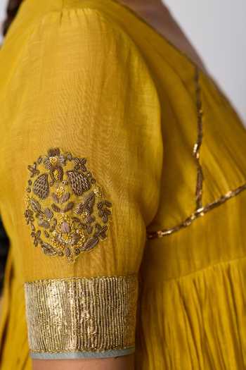 Shop_Rhua_Yellow Chanderi Silk, Silk, Organza V-neck Kesari Embroidered Top Lehenga Set 