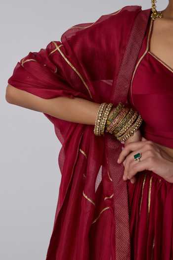 Rhua_Pink Chanderi , V-neck Radha Gota Bordered Lehenga Set _Online_at_Aza_Fashions