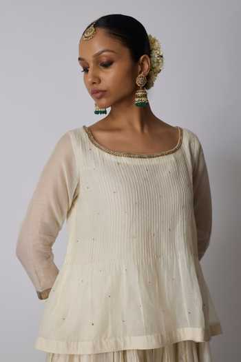 Shop_Rhua_Ivory Chanderi , Scoop Neck Payal Embroidered Top Lehenga Set _Online_at_Aza_Fashions
