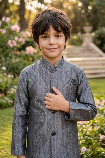 Petite Pomme Grey Silk Jaquard Kurta And Art Pant Set Online at Aza Fashions Petite Pomme_Grey Silk Jaquard Kurta And Art Pant Set _Online_at_Aza_Fashions