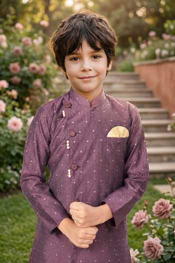 Petite Pomme Purple Jacquard, Silk Overlap Kurta And Pant Set Online at Aza Fashions Petite Pomme_Purple Jacquard, Silk Overlap Kurta And Pant Set _Online_at_Aza_Fashions