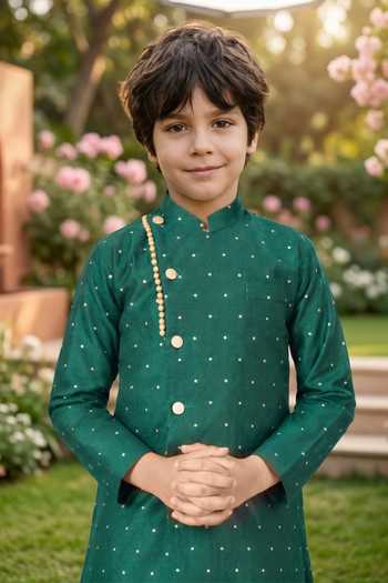 Buy Petite Pomme Green Silk Jaquard Kurta And Art Pant Set Online at Aza Fashions Buy_Petite Pomme_Green Silk Jaquard Kurta And Art Pant Set _Online_at_Aza_Fashions