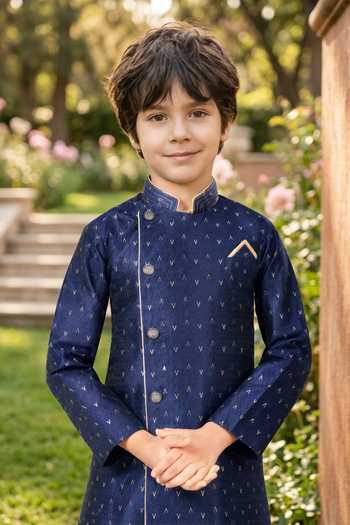Petite Pomme Blue Jacquard, Silk Kurta And Art Pant Set Online at Aza Fashions Petite Pomme_Blue Jacquard, Silk Kurta And Art Pant Set _Online_at_Aza_Fashions