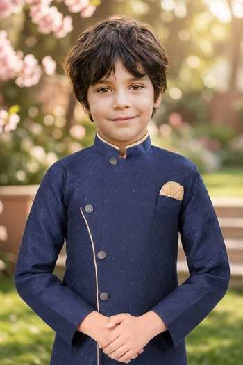 Petite Pomme Navy Jacquard, Silk Kurta And Art Pant Set Online at Aza Fashions Petite Pomme_Navy Jacquard, Silk Kurta And Art Pant Set _Online_at_Aza_Fashions