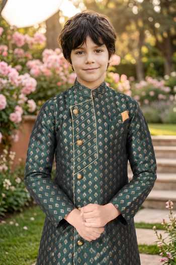 Petite Pomme Green Silk Jaquard Kurta And Art Pant Set Online at Aza Fashions Petite Pomme_Green Silk Jaquard Kurta And Art Pant Set _Online_at_Aza_Fashions