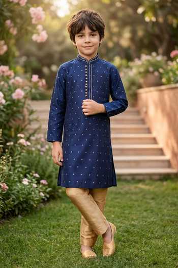 Petite Pomme Jaquard Kurta & Art Silk Pant Set 