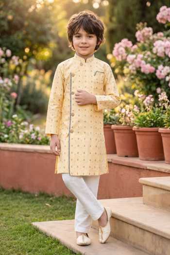 Shop Petite Pomme Yellow Overlap Kurta And Pant Set Online at Aza Fashions Shop_Petite Pomme_Yellow Overlap Kurta And Pant Set _Online_at_Aza_Fashions