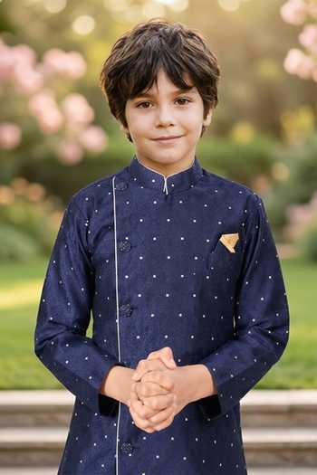 Petite Pomme Blue Jacquard, Silk Kurta And Art Pant Set Online at Aza Fashions Petite Pomme_Blue Jacquard, Silk Kurta And Art Pant Set _Online_at_Aza_Fashions