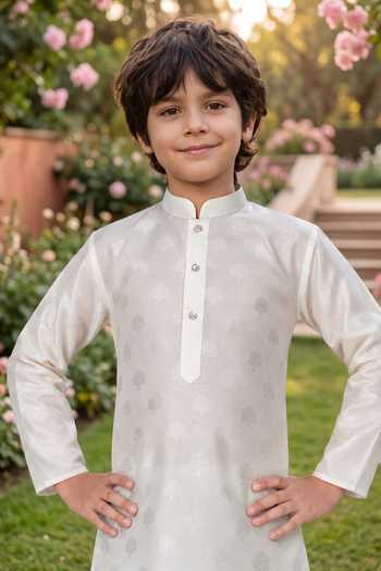 Petite Pomme Off White Jaquard Art Silk Kurta And Pant Set Online at Aza Fashions Petite Pomme_Off White Jaquard Art Silk Kurta And Pant Set _Online_at_Aza_Fashions