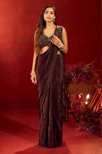 Buy Samyukta Singhania Brown Crepe Sweetheart Neck Pre-draped Saree With Floral Embroidered Blouse Online at Aza Fashions Buy_Samyukta Singhania_Brown Crepe Sweetheart Neck Pre-draped Saree With Floral Embroidered Blouse _Online_at_Aza_Fashions