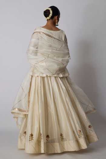 Shop_Rhua_Ivory Chanderi , Scoop Neck Payal Embroidered Top Lehenga Set 