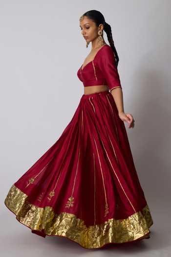 Shop_Rhua_Pink Chanderi , V-neck Radha Gota Bordered Lehenga Set _Online_at_Aza_Fashions