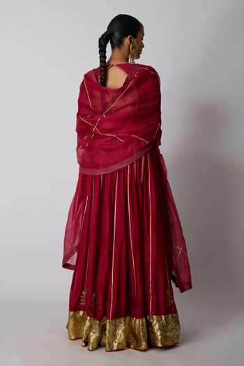 Rhua_Pink Chanderi , V-neck Radha Gota Bordered Lehenga Set _at_Aza_Fashions