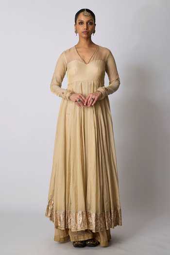 Shop_Rhua_Gold Silk, Tissue, Chanderi V-neck Tulsi Gota Bordered Anarkali Set _Online_at_Aza_Fashions