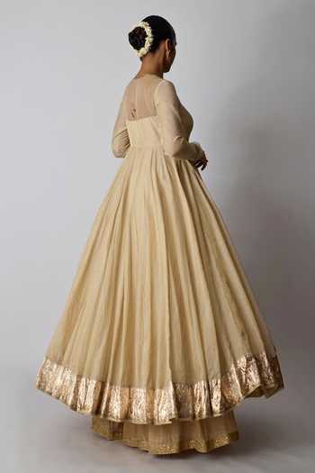 Buy_Rhua_Gold Silk, Tissue, Chanderi V-neck Tulsi Gota Bordered Anarkali Set 