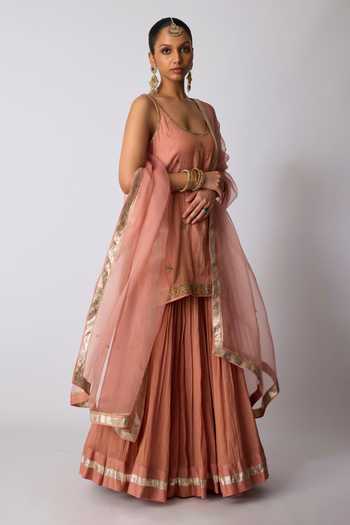 Rhua_Pink Chanderi, Tissue, Silk, Organza Scoop Maahi Embroidered Kurta Sharara Set _at_Aza_Fashions