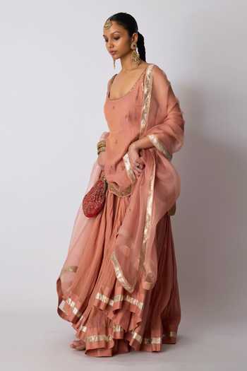 Shop_Rhua_Pink Chanderi, Tissue, Silk, Organza Scoop Maahi Embroidered Kurta Sharara Set 