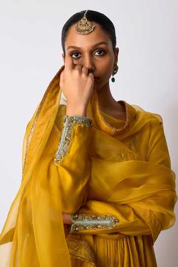 Rhua_Yellow Chanderi , Cotton, , Indu Placement Embroidered Anarkali Set _Online_at_Aza_Fashions