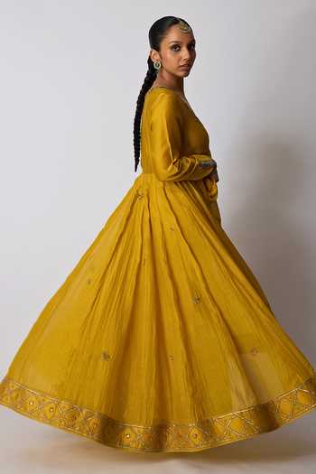 Buy_Rhua_Yellow Chanderi , Cotton, , Indu Placement Embroidered Anarkali Set _Online_at_Aza_Fashions