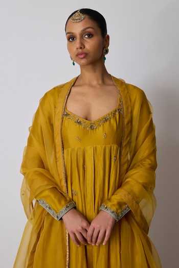 Shop_Rhua_Yellow Chanderi , Cotton, , Indu Placement Embroidered Anarkali Set _Online_at_Aza_Fashions